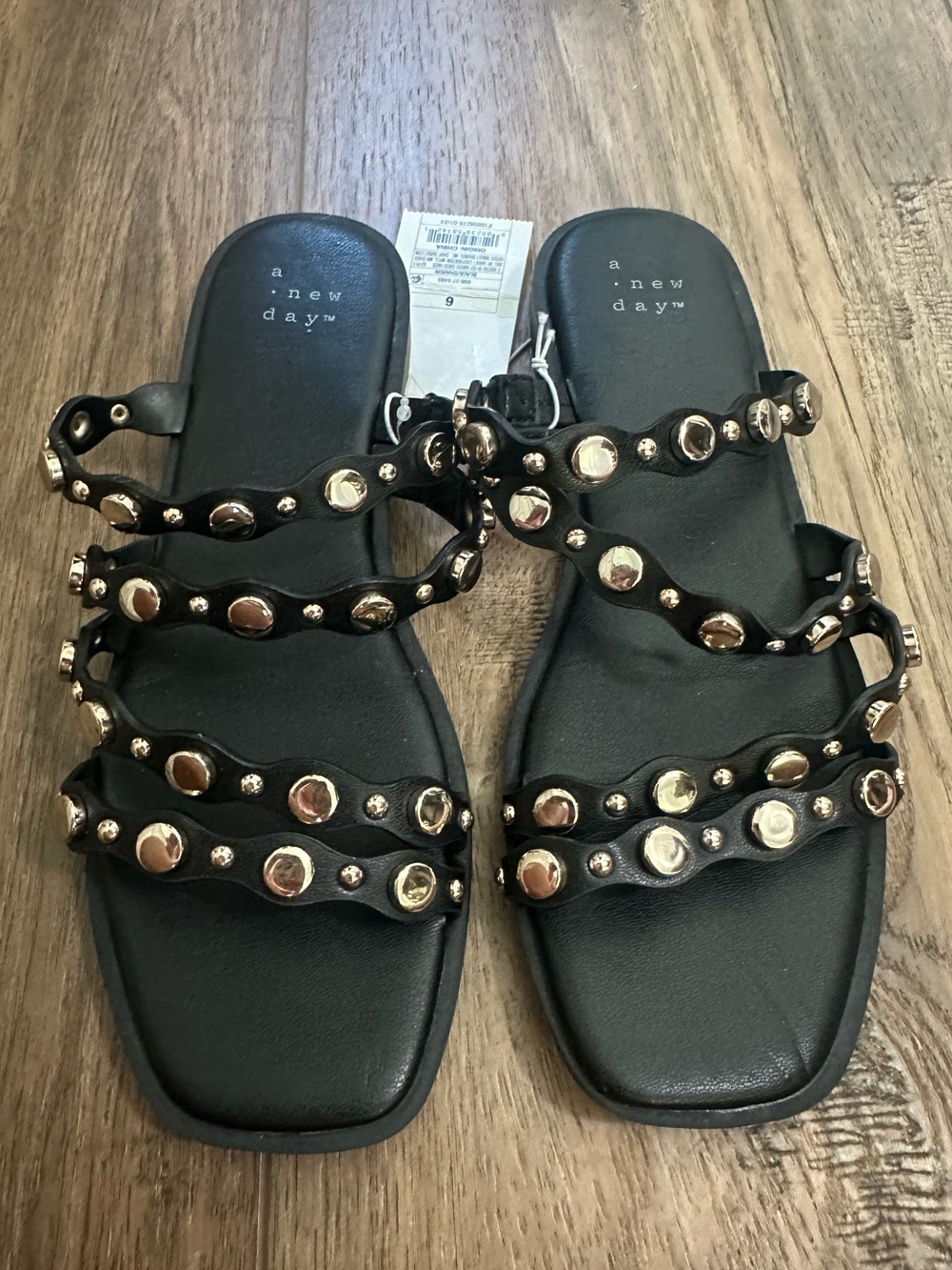 NWT! A New Day Women’s Sandals, Studded, Metal, Black, Gold, Sharon, Size 6